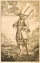 Robinson Crusoe frontispice illustratie die de vermeende auteur Crusoe aan de kust toont met musketten en zwaard, uit Het leven en de vreemde verrassende avonturen van Robinson Crusoe, of York, Marine